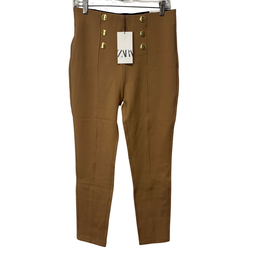 ZARA Womens High Rise Gold Button Double Breasted Legging Camel Ponte Pant L NWT